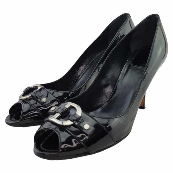 AUTHENTIC DIOR Black Patent Leather CD Logo Peep Toe Pumps Size 41 (US10.5 - 11) - Picture 2 of 15